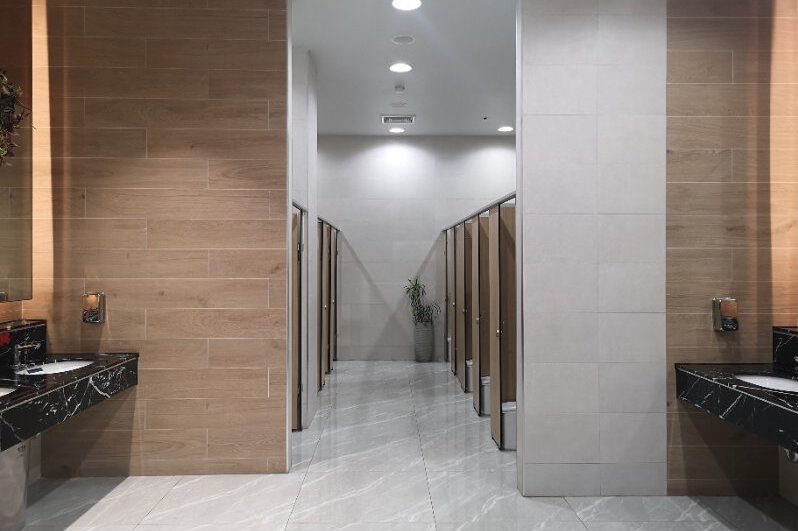164476808_s toilet partition wall finish with brown color wooden
